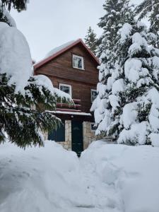 扎布利亚克Chalet Escapade with Sauna的小木屋前面有一堆积雪