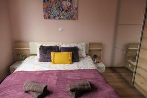 韦林格勒Nikol 2 Deluxe的一间卧室配有一张大床,提供紫色毯子和黄色枕头