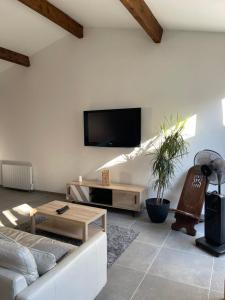 勒格罗-迪鲁瓦Maison Poissonnerie的客厅配有沙发和墙上的电视