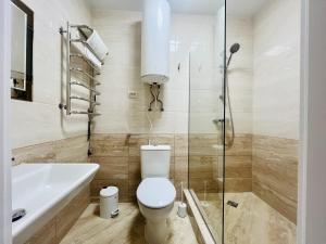 赫梅利尼茨基Готель Лаванда的浴室配有卫生间、盥洗盆和淋浴。