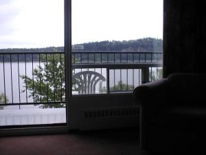 萨格奈全景风光汽车旅馆的客房的窗户享有水景。