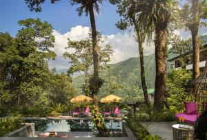 甘托克Vivanta Sikkim Pakyong的一个带游泳池、椅子和树木的度假酒店