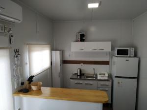 特立尼达岛Casita de Piedra 4的一间带冰箱和桌子的小厨房