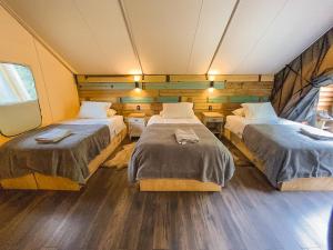 富塔莱乌富Matapiojo Lodge的铺有木地板的客房内的两张床