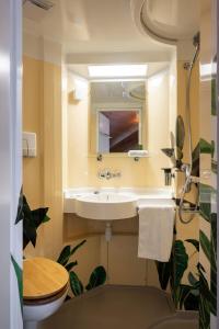 瓦尔·蒂利兹Peanut Mountain Lodge & Le Communal的一间带水槽和镜子的浴室