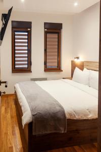 兹拉蒂博尔Per silvas apartman i spa的一间卧室设有一张大床和两个窗户。