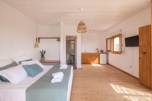 马拉希亚斯Sirens beach houses的一间卧室配有一张床和一间厨房