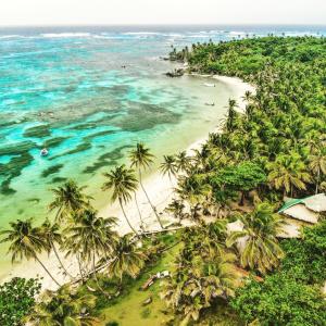 小玉米岛ENSUEÑOS NATURAL RESERVE Little Corn Island Nicaragua的享有棕榈树海滩和大海的空中景致