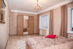 扎波罗热2 Rooms Luxury Apartment on Shkilna 34 Street的一间卧室配有一张大床和镜子