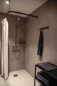 KohilaTohi Distillery apartments的带淋浴和浴帘的浴室