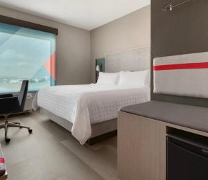 梅肯avid hotels - Macon North, an IHG Hotel的一间卧室配有一张床、一张书桌和一个窗户。
