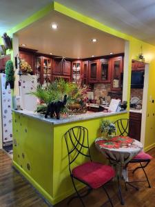 布鲁克林Joy's Country Home的一个带小岛的厨房,上面有狗雕像