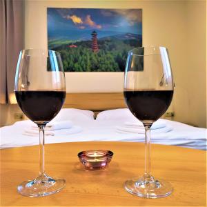 罗斯诺夫·波德·拉德霍斯滕Penzion Adéla的桌子上放两杯红葡萄酒