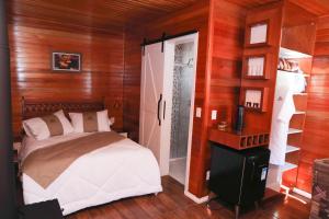 格拉玛多Chalés Poncho Serrano的一间卧室配有一张床和一台电视