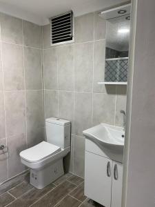 萨卡里亚Apartment at a Resort by the Black Sea的一间带卫生间和水槽的浴室