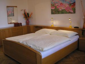 布拉迪斯拉发Apartment Riverside - River View的一张位于房间的床,上面有两个枕头