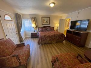 科罗拉多斯普林斯雷恩博山林小屋的一间卧室配有两张床和一台平面电视
