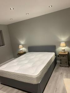 斯内蒂瑟姆Immaculate 2-Bed Bungalow in Snettisham的卧室内的一张床铺,两台台灯放在两张桌子上