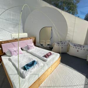 魏勒格Bubble Tent Hotel的帐篷内的一张床位,配有枕头