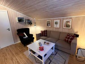 奥尔Vennebo - Koselig liten hytte med alle fasiliteter的客厅配有沙发和桌子