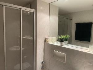 柏林COSY PANKOW HOMES - Studios mit TV Stick的带淋浴和大镜子的浴室