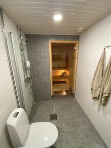 万塔Modern two bedroom apartment near Helsinki Airport的一间带卫生间的浴室和通往衣柜的门