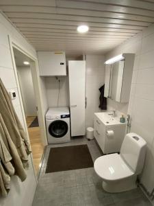 万塔Modern two bedroom apartment near Helsinki Airport的一间带卫生间和洗衣机的小浴室