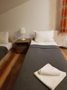 华沙Hostel Mleczna - Metro Zacisze的一间卧室配有两张床和一张带台灯的桌子