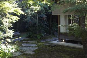 京都十宜屋的花园,窗户上有一扇窗户,窗户边有一只猫