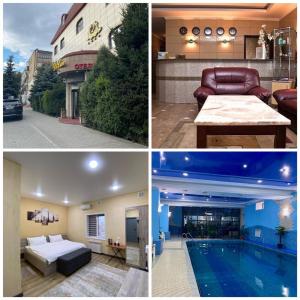乌斯季卡缅诺戈尔斯克Deluxe SPA-Hotel的一座带游泳池的房子的四张不同照片
