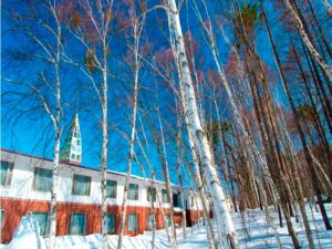 长野Arcadia的雪中一座建筑的树画