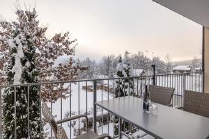 黑马戈尔Apartments De Luxe Schluga的阳台配有桌子和雪覆盖的树木。