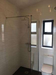 格伦科伦基尔Silver Strand Chalets的带淋浴、卫生间和窗户的浴室
