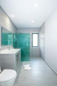 通奈潘海滩T villas的一间带卫生间和玻璃淋浴间的浴室