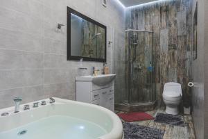 阿拉木图Апартаменты в гостевом домике的带浴缸、盥洗盆和卫生间的浴室
