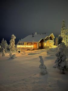 列维Villa Utsuntuisku的雪中的房子,有雪覆盖的树木