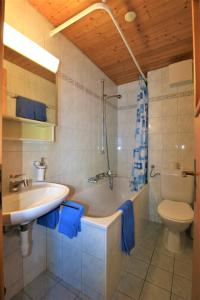 萨斯费Chalet Ideal Saas-Fee的带浴缸、盥洗盆和卫生间的浴室