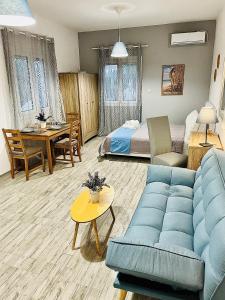 佩里萨Villa Arietta Santorini的客厅配有蓝色的沙发和床。