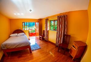 乌鲁班巴Happy Land Valle Sagrado的一间卧室拥有黄色的墙壁,设有一张床和两个窗户。