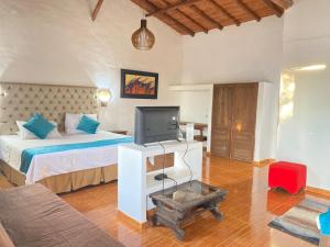 巴里查拉Y Spa桑托斯德彼德拉酒店的一间卧室配有一张床,并在一间客房内配有电视。