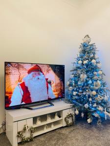 斯特灵Cosy Cottage的客厅里的圣诞树,配有电视