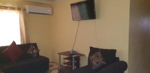 ArimaSignature comfort的客厅配有沙发和墙上的电视