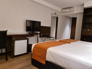 蒙得维的亚水晶塔酒店的酒店客房设有一张床、一张书桌和一台电视机。