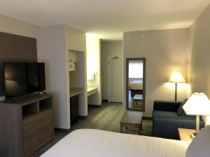 森特尼尔GreenTree Inn Denver Tech Center的酒店客房配有床、沙发和电视。