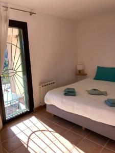 弗雷瑞斯Villa les écureuils的一间卧室设有两张床和大窗户