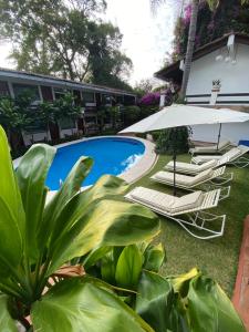 巴耶德布拉沃Casa Dalinda的一个带躺椅和遮阳伞的游泳池