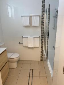 格伦因尼斯新英格兰汽车旅馆的一间带卫生间、淋浴和毛巾的浴室