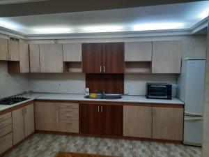 巴库Compleks Hostel of Nizami street的厨房配有木制橱柜、水槽和冰箱。