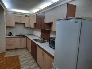 巴库Compleks Hostel of Nizami street的厨房配有木制橱柜和白色冰箱。