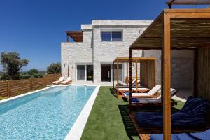 Agios DimitriosMandana Villa - With Private Pool & Jacuzzi的一个带椅子的游泳池以及一座房子